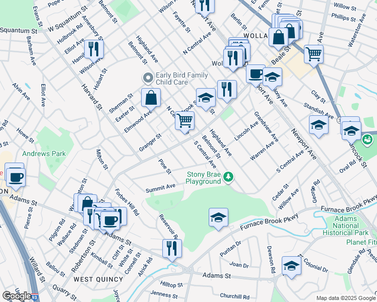 map of restaurants, bars, coffee shops, grocery stores, and more near 234 Everett Street in Quincy