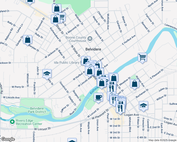 map of restaurants, bars, coffee shops, grocery stores, and more near 224 North State Street in Belvidere
