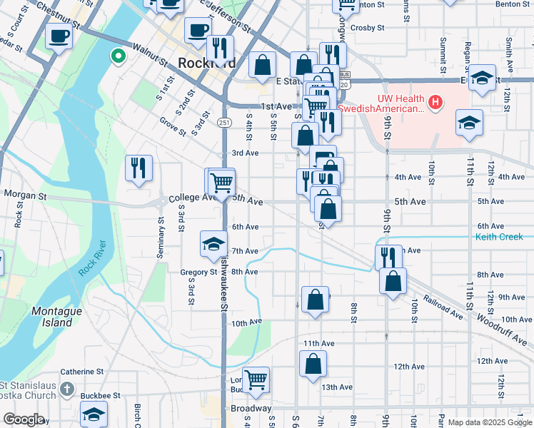 map of restaurants, bars, coffee shops, grocery stores, and more near 622 South 5th Street in Rockford