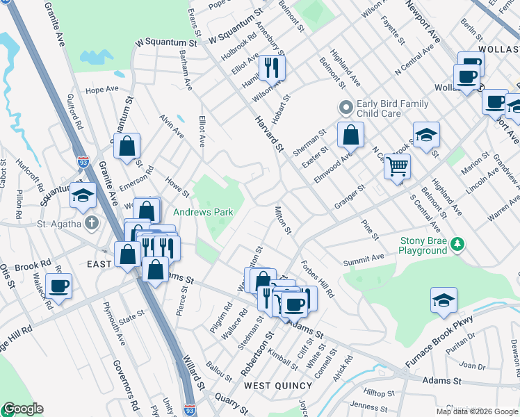 map of restaurants, bars, coffee shops, grocery stores, and more near 326 Elmwood Avenue in Quincy