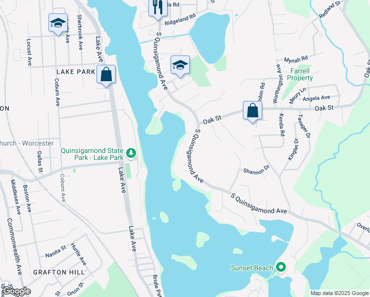 map of restaurants, bars, coffee shops, grocery stores, and more near 218A South Quinsigamond Avenue in Shrewsbury