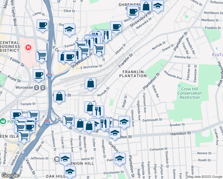 map of restaurants, bars, coffee shops, grocery stores, and more near 2 Shale Street in Worcester