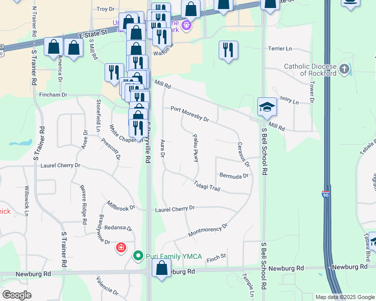 map of restaurants, bars, coffee shops, grocery stores, and more near 991 Palau Parkway in Rockford