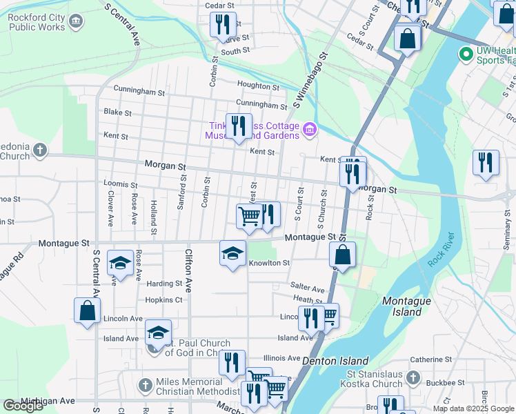 map of restaurants, bars, coffee shops, grocery stores, and more near 1210 West Street in Rockford
