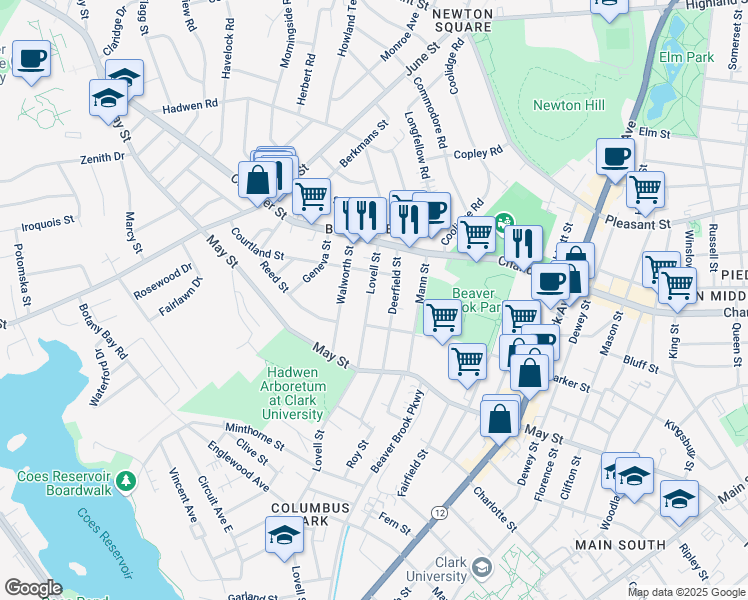 map of restaurants, bars, coffee shops, grocery stores, and more near 306 Lovell Street in Worcester