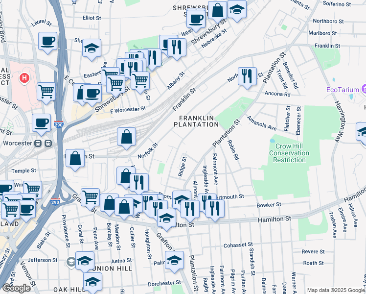 map of restaurants, bars, coffee shops, grocery stores, and more near 76 Orient Street in Worcester