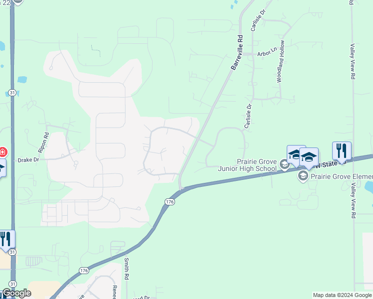 map of restaurants, bars, coffee shops, grocery stores, and more near 4701 Barreville Road in Crystal Lake