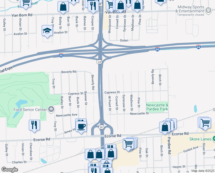 map of restaurants, bars, coffee shops, grocery stores, and more near 6530 West Point Street in Taylor