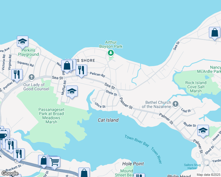 map of restaurants, bars, coffee shops, grocery stores, and more near 493-495 Sea Street in Quincy