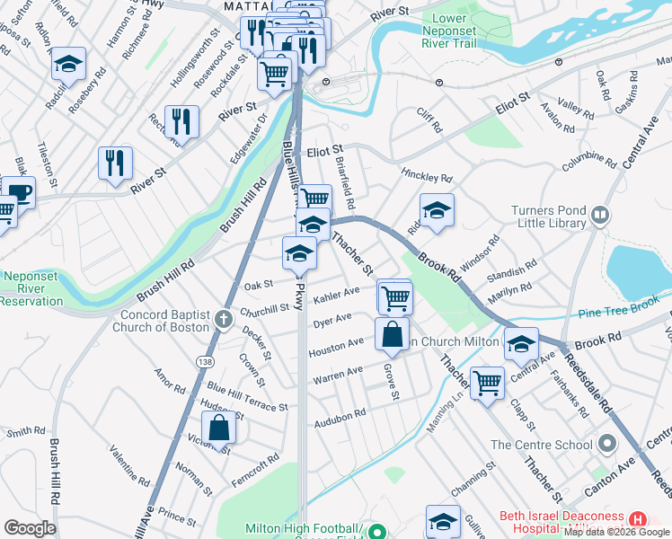 map of restaurants, bars, coffee shops, grocery stores, and more near 7 West Street in Milton