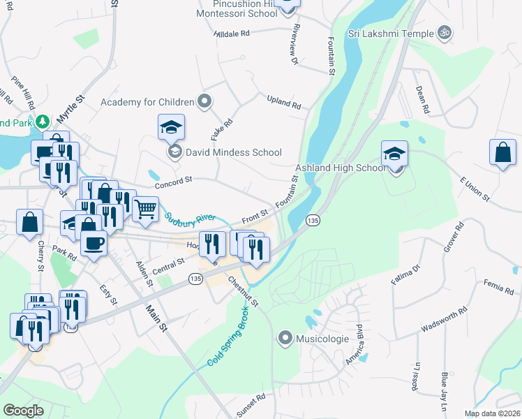 map of restaurants, bars, coffee shops, grocery stores, and more near 181 Concord Street in Ashland