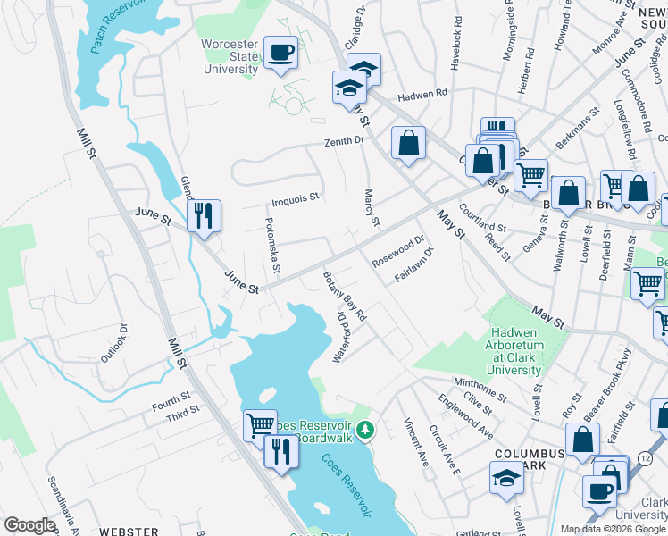 map of restaurants, bars, coffee shops, grocery stores, and more near 236 June Street in Worcester