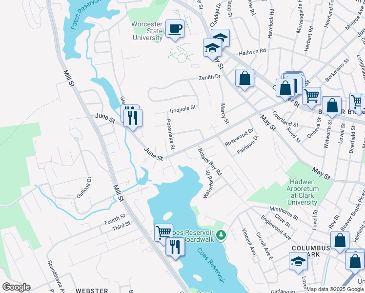 map of restaurants, bars, coffee shops, grocery stores, and more near 245 June Street in Worcester