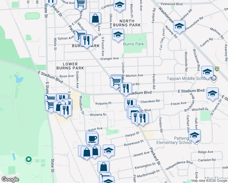 map of restaurants, bars, coffee shops, grocery stores, and more near 1411 East Stadium Boulevard in Ann Arbor