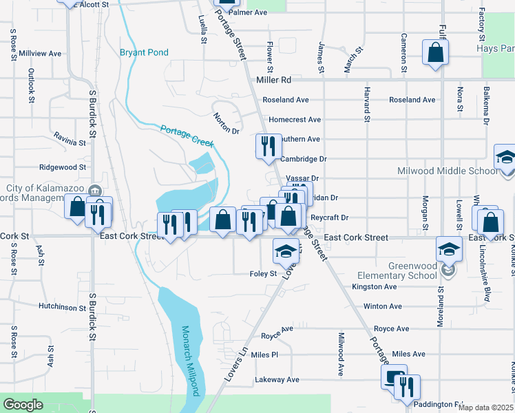 map of restaurants, bars, coffee shops, grocery stores, and more near 928 Sheridan Drive in Kalamazoo