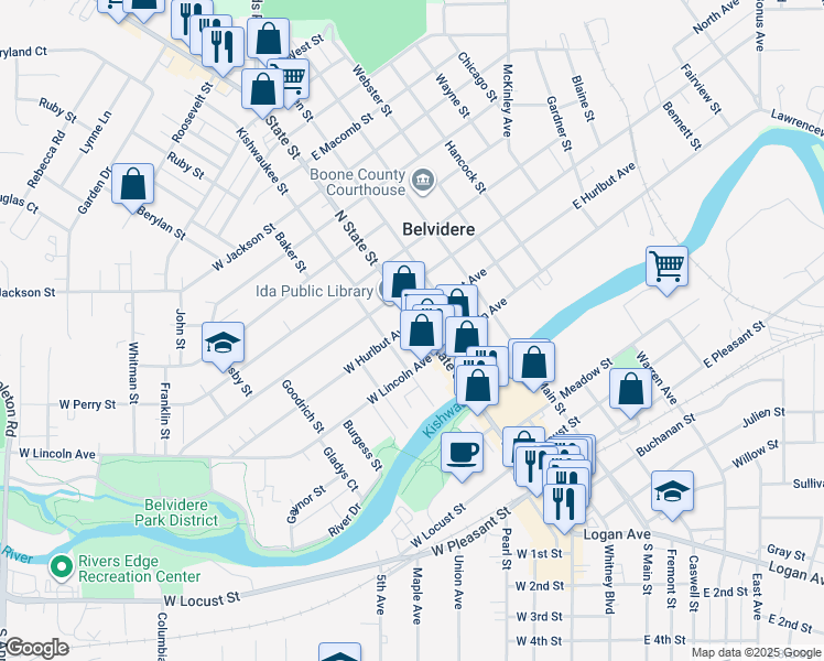 map of restaurants, bars, coffee shops, grocery stores, and more near 224 North State Street in Belvidere