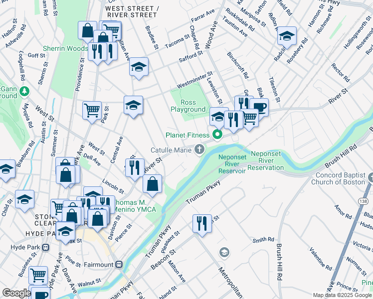 map of restaurants, bars, coffee shops, grocery stores, and more near 968 River Street in Boston
