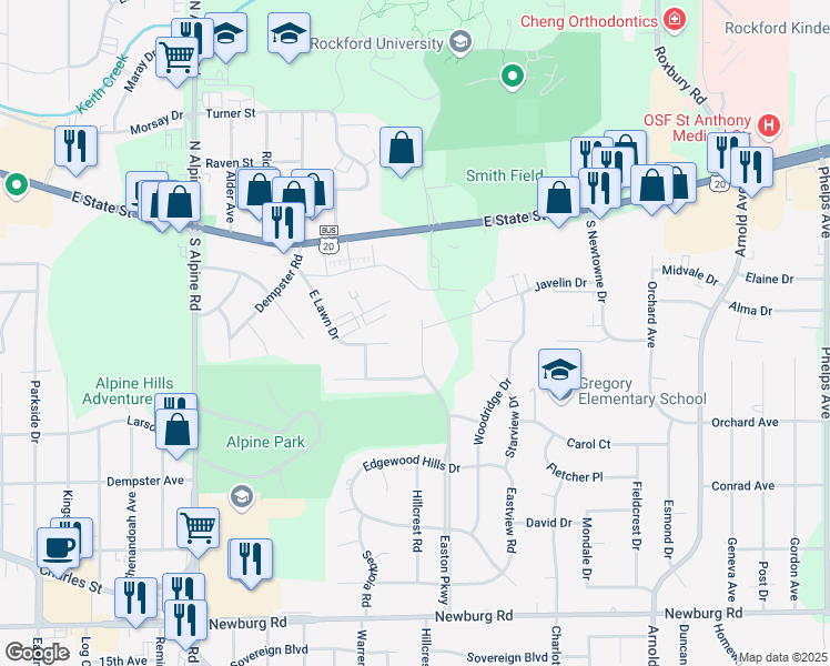map of restaurants, bars, coffee shops, grocery stores, and more near 735 Easton Parkway in Rockford