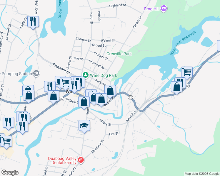 map of restaurants, bars, coffee shops, grocery stores, and more near 34 Park Street in Ware