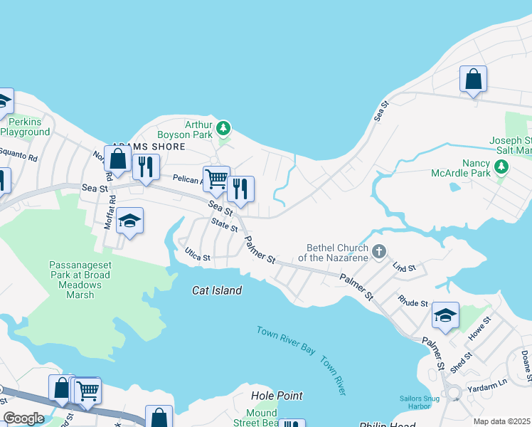 map of restaurants, bars, coffee shops, grocery stores, and more near 558 Sea Street in Quincy