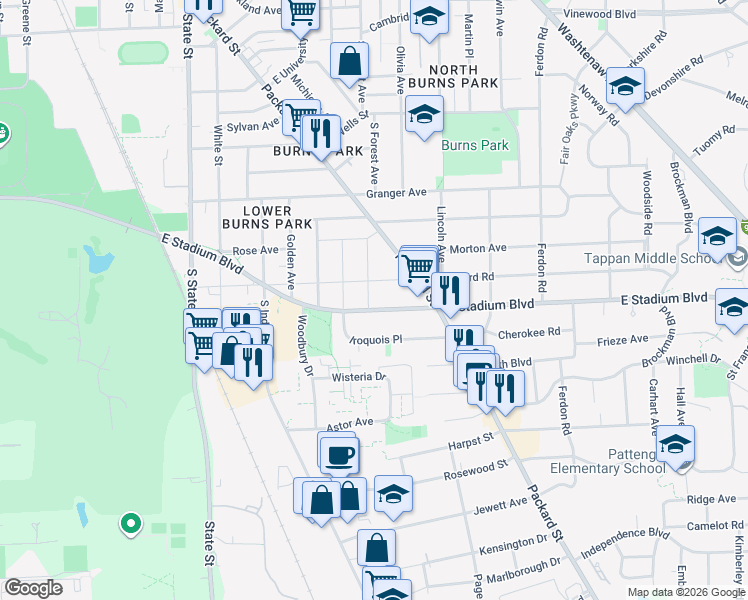 map of restaurants, bars, coffee shops, grocery stores, and more near 1307 East Stadium Boulevard in Ann Arbor