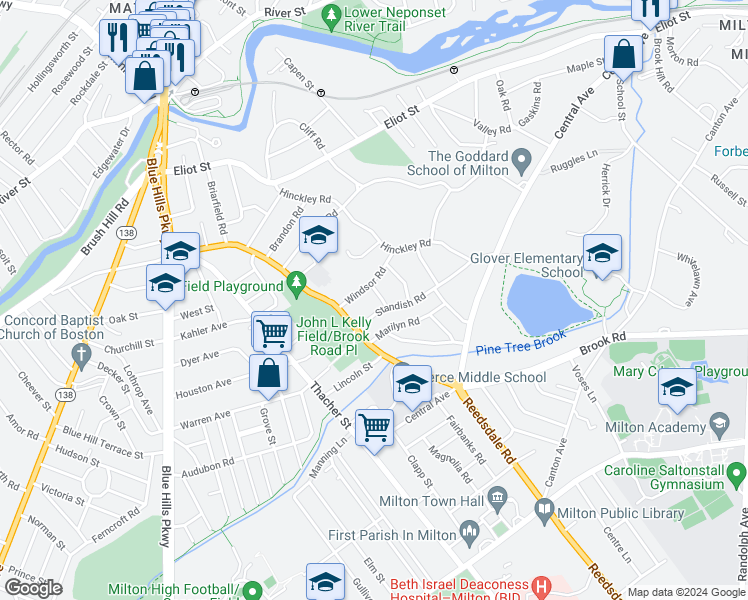 map of restaurants, bars, coffee shops, grocery stores, and more near 15 Greenleaf Road in Milton