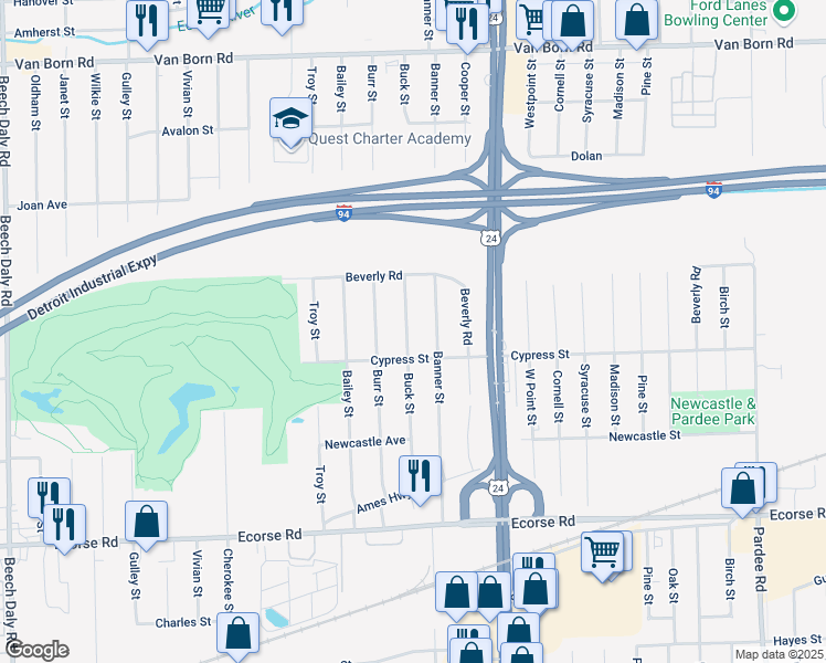 map of restaurants, bars, coffee shops, grocery stores, and more near 6521 Buck Street in Taylor