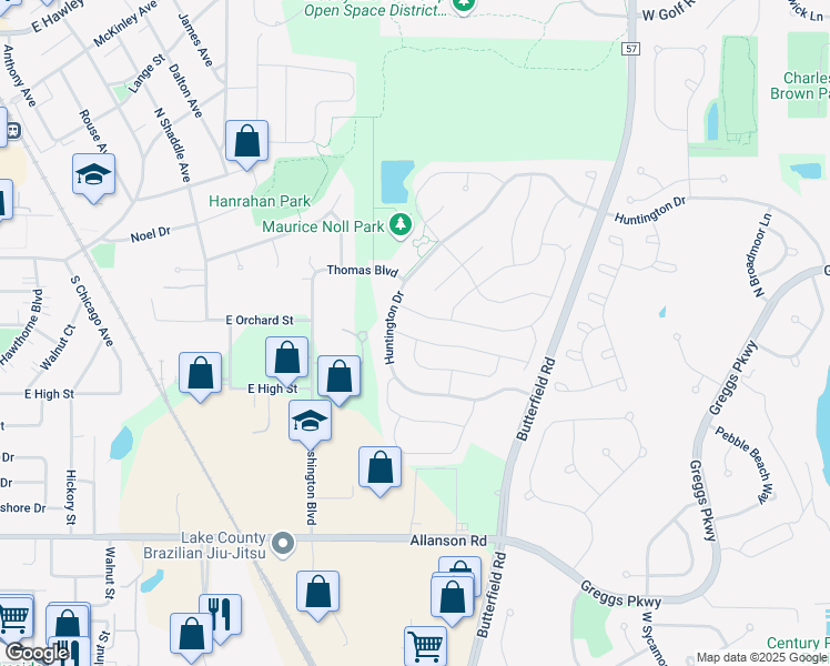 map of restaurants, bars, coffee shops, grocery stores, and more near 22 Bedford Road in Mundelein