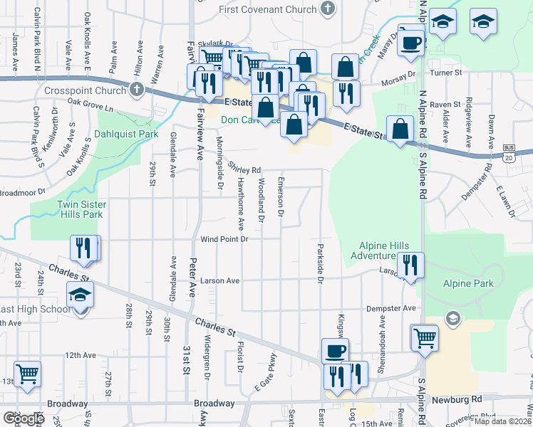 map of restaurants, bars, coffee shops, grocery stores, and more near 520 Woodland Drive in Rockford