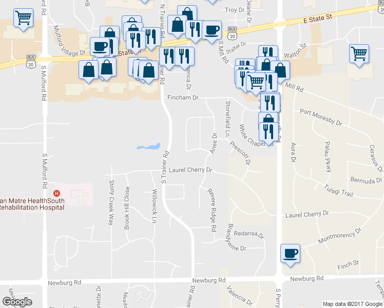 map of restaurants, bars, coffee shops, grocery stores, and more near 6635 Southfield Lane in Rockford