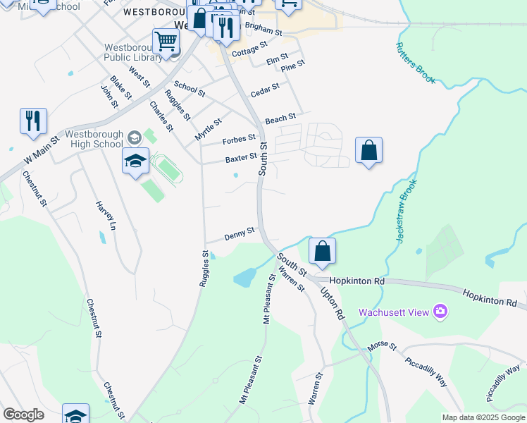map of restaurants, bars, coffee shops, grocery stores, and more near 130 South Street in Westborough