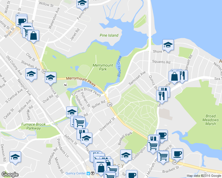 map of restaurants, bars, coffee shops, grocery stores, and more near 188 Furnace Brook Parkway in Quincy