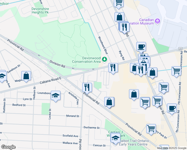map of restaurants, bars, coffee shops, grocery stores, and more near 3842 Acorn Court in Windsor