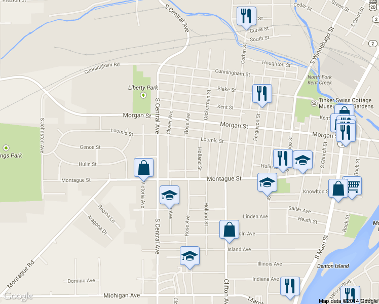 map of restaurants, bars, coffee shops, grocery stores, and more near 1228 Rose Avenue in Rockford