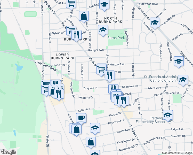 map of restaurants, bars, coffee shops, grocery stores, and more near 1411 East Stadium Boulevard in Ann Arbor
