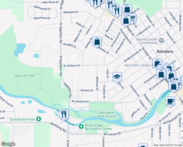 map of restaurants, bars, coffee shops, grocery stores, and more near 816 West Jackson Street in Belvidere