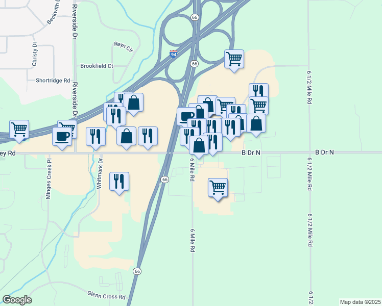 map of restaurants, bars, coffee shops, grocery stores, and more near 6128 Beckley Road in Battle Creek