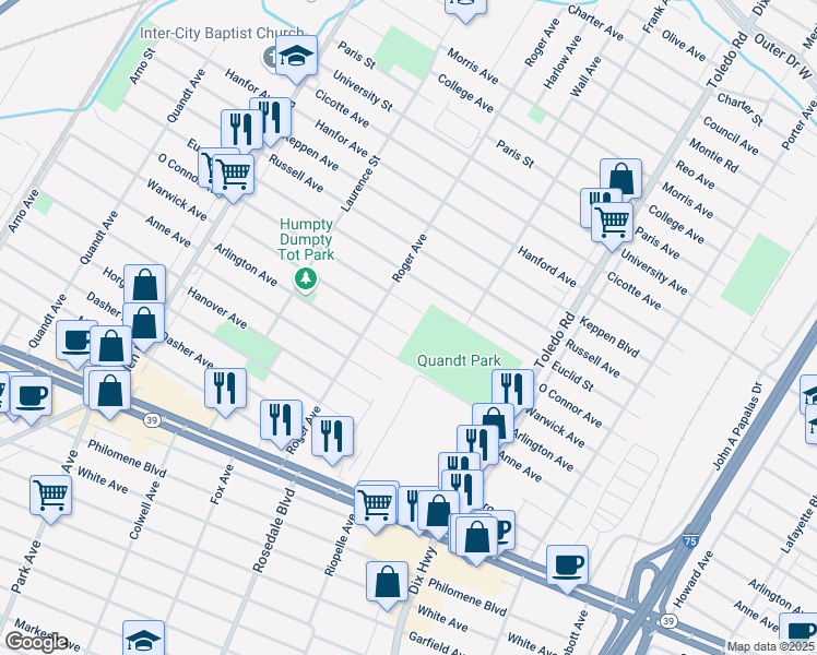 map of restaurants, bars, coffee shops, grocery stores, and more near 14592 Warwick Avenue in Allen Park