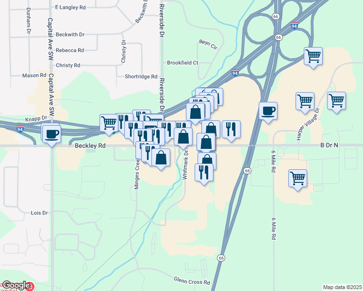 map of restaurants, bars, coffee shops, grocery stores, and more near 5575 B Drive North in Battle Creek