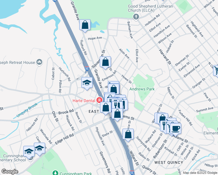 map of restaurants, bars, coffee shops, grocery stores, and more near 21 Wood Street in Milton
