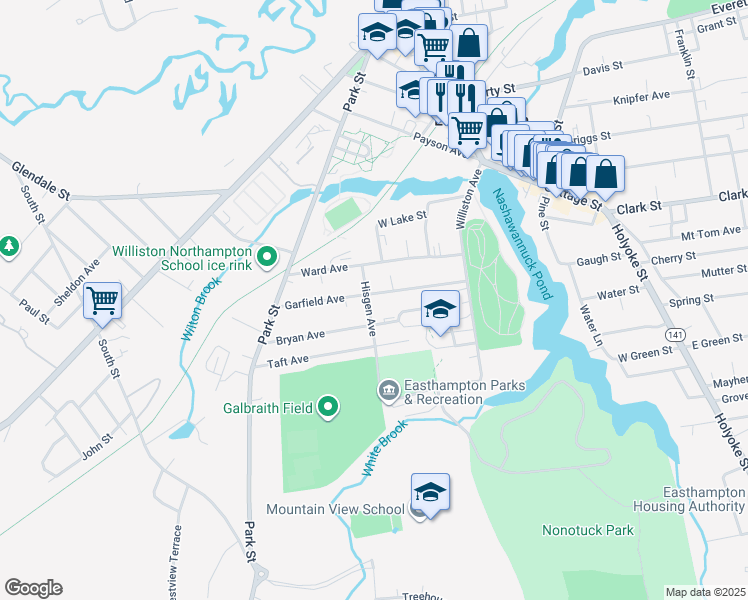 map of restaurants, bars, coffee shops, grocery stores, and more near 46 Garfield Avenue in Easthampton