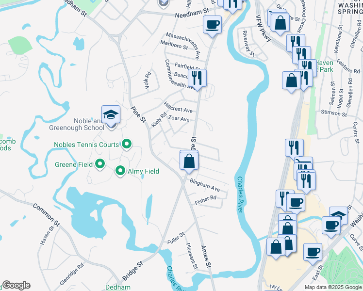 map of restaurants, bars, coffee shops, grocery stores, and more near 37 Wiggin Avenue in Dedham