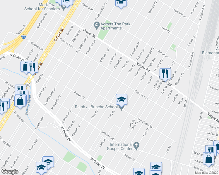 map of restaurants, bars, coffee shops, grocery stores, and more near 3892 19th Street in Ecorse