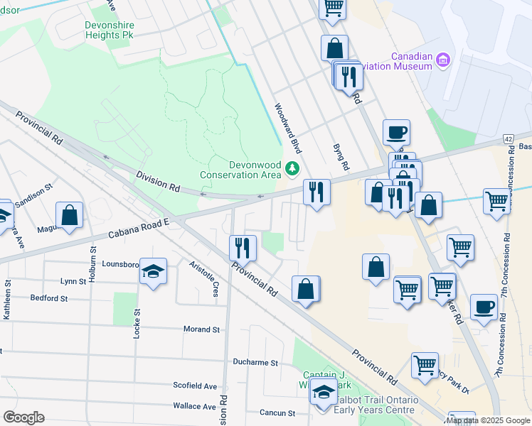 map of restaurants, bars, coffee shops, grocery stores, and more near 3842 Acorn Court in Windsor