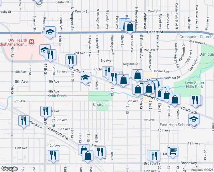 map of restaurants, bars, coffee shops, grocery stores, and more near 624 17th Street in Rockford