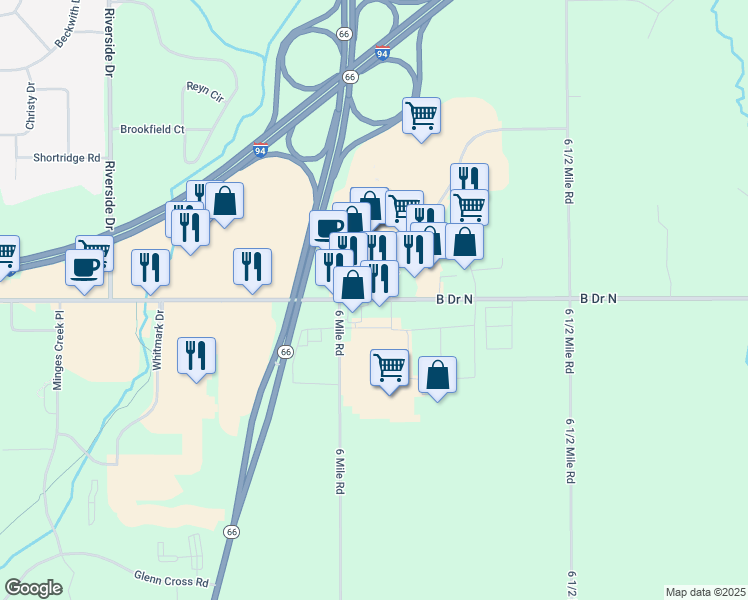 map of restaurants, bars, coffee shops, grocery stores, and more near 6128 Beckley Road in Battle Creek