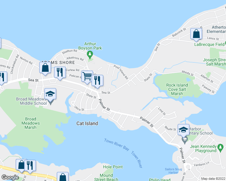 map of restaurants, bars, coffee shops, grocery stores, and more near 576 Sea Street in Quincy