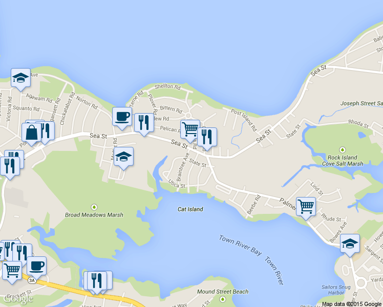 map of restaurants, bars, coffee shops, grocery stores, and more near 493-495 Sea Street in Quincy