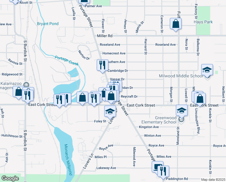 map of restaurants, bars, coffee shops, grocery stores, and more near 3013 Portage Street in Kalamazoo