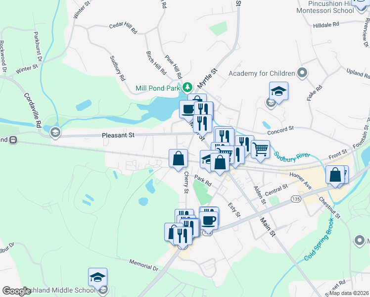 map of restaurants, bars, coffee shops, grocery stores, and more near 53 Cherry Street in Ashland